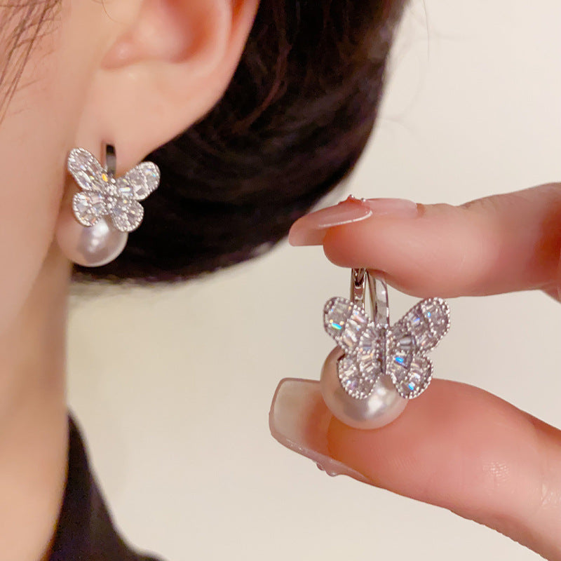 Luxury Pearl & Rhinestone Butterfly Earrings – Elegant French Design
