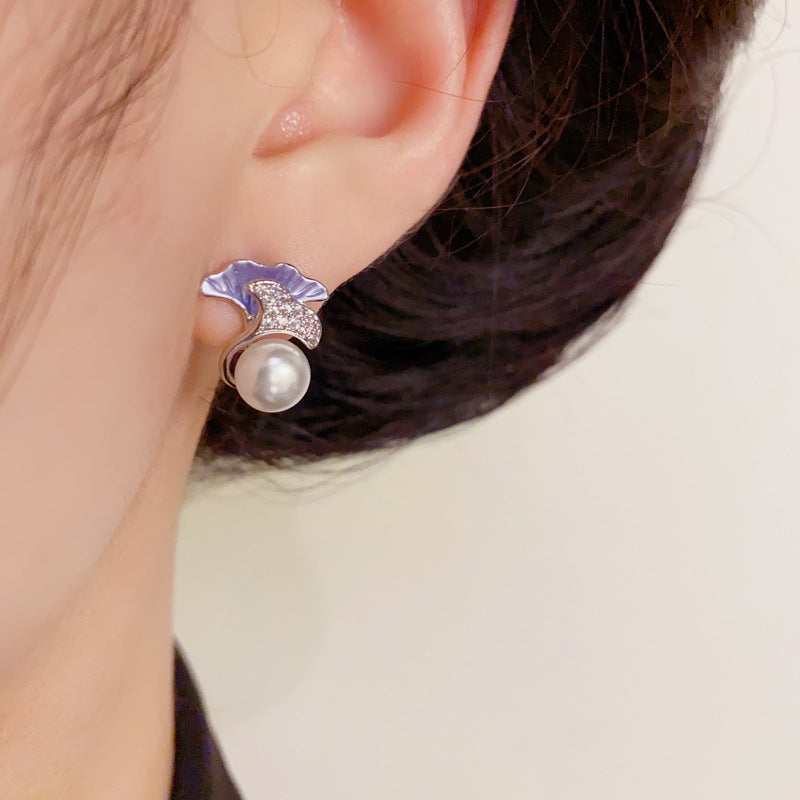 14K Gold Minimalist Double-Layer Ginkgo Leaf & Pearl Stud Earrings