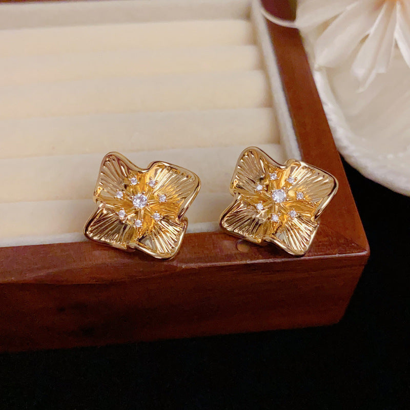 Luxury Zircon Metal Petal Stud Earrings – Floral Design
