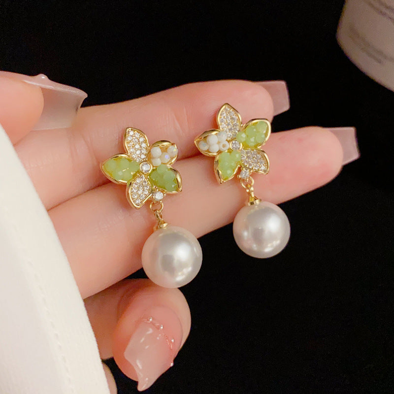 14K Gold-Plated Green Petal Pearl Drop Earrings – Chic Floral Design