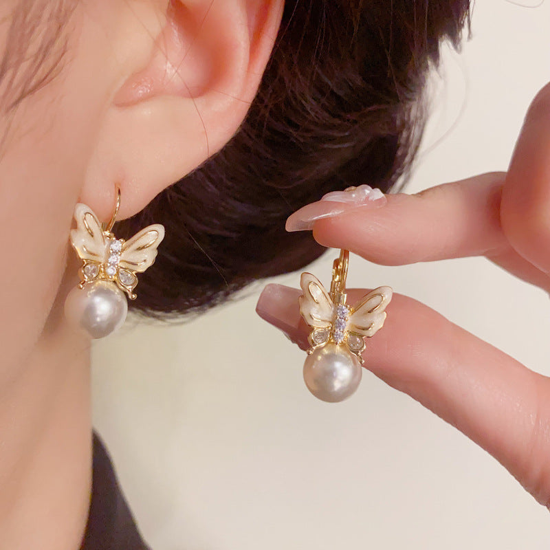 14K Gold Elegant Butterfly & Pearl Earrings – S925 Silver Needle