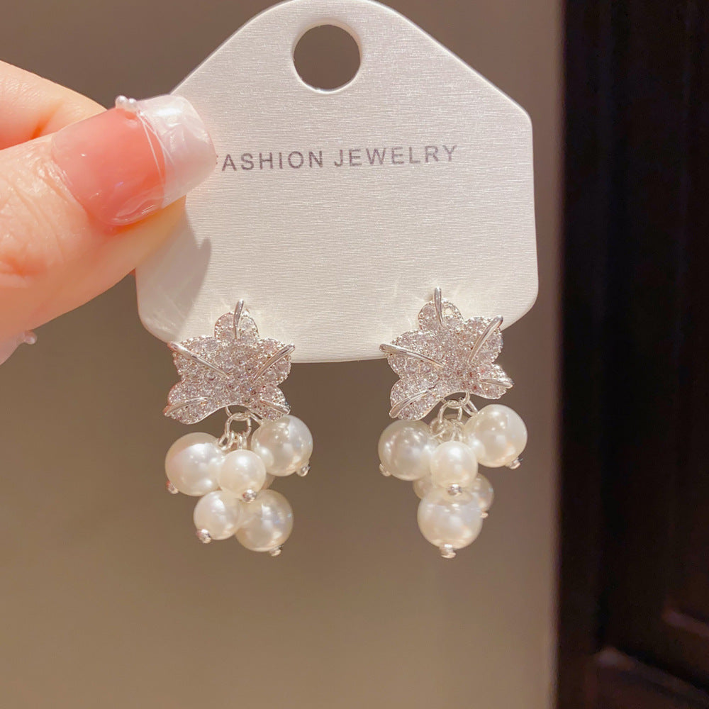 Eaioncol Leaf Pearl CZ Drop Earrings Gold Silver