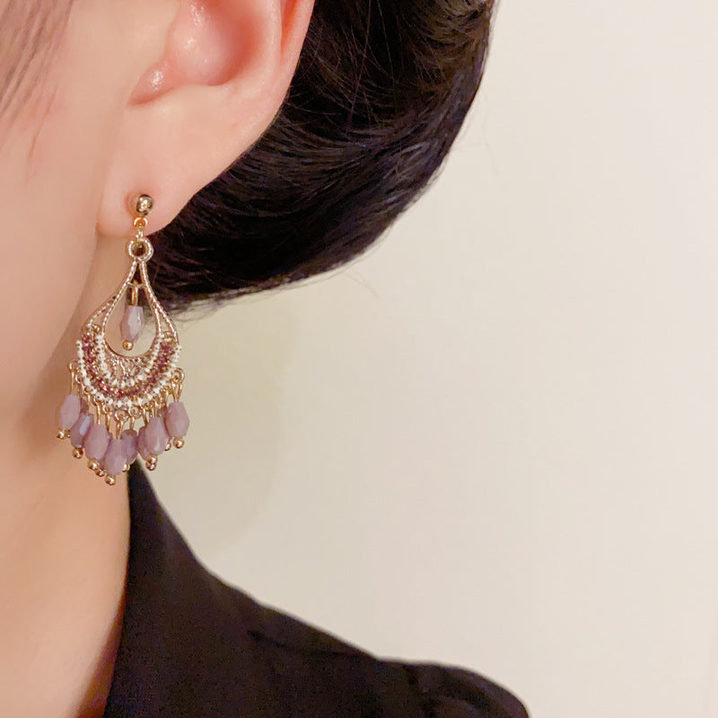 Luxury Teardrop Beaded Tassel Drop Gold Earrings – Elegant Design