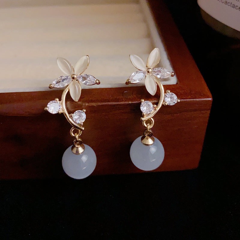14K Gold-Plated Cat's Eye Flower Drop Earrings – Elegant Floral Design