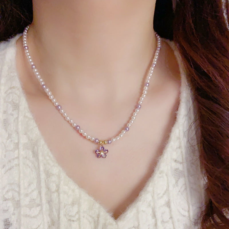 14K Gold-Plated Purple Flower Pendant Pearl Necklace – Elegant Design
