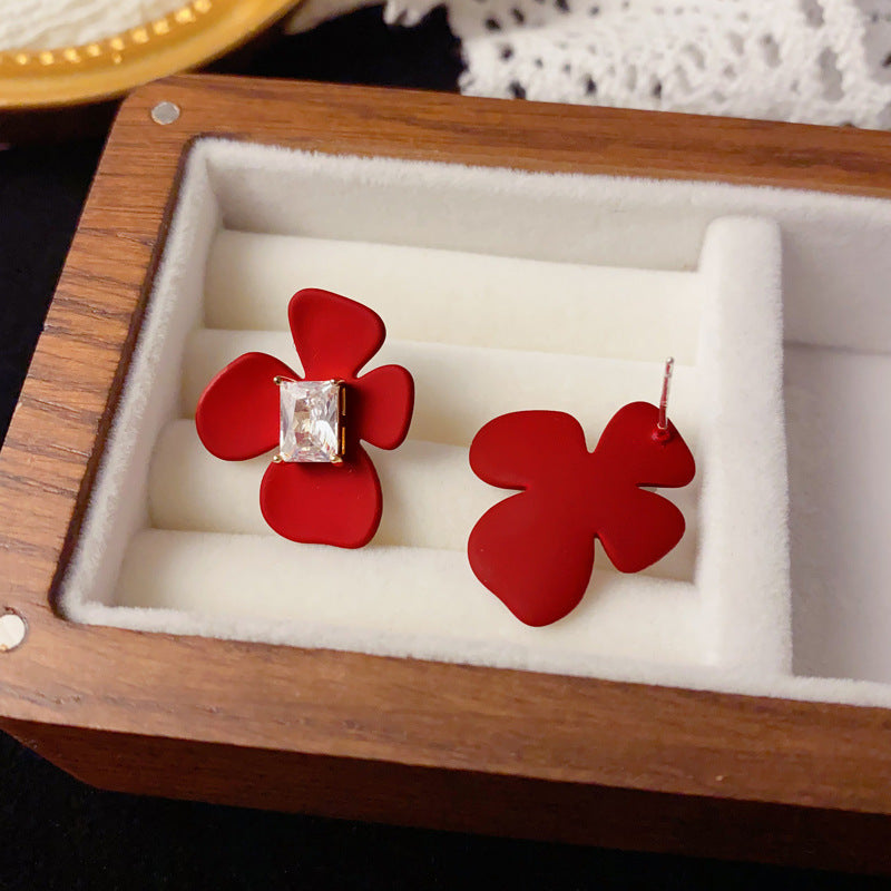 Luxury Red Square Zircon Petal Stud Earrings – Floral Design