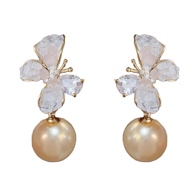 14K Gold-Plated Crystal Butterfly Pearl Drop Earrings – Elegant Design