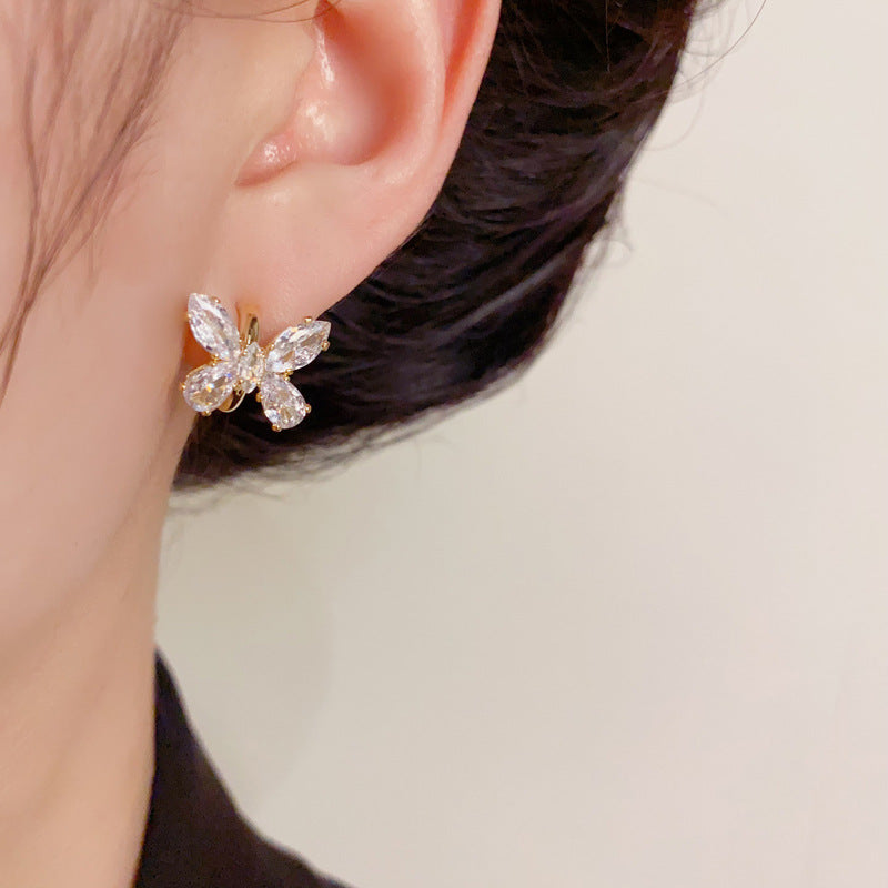 14K Gold Zircon Butterfly C-Shaped Hoop Earrings – Elegant Design