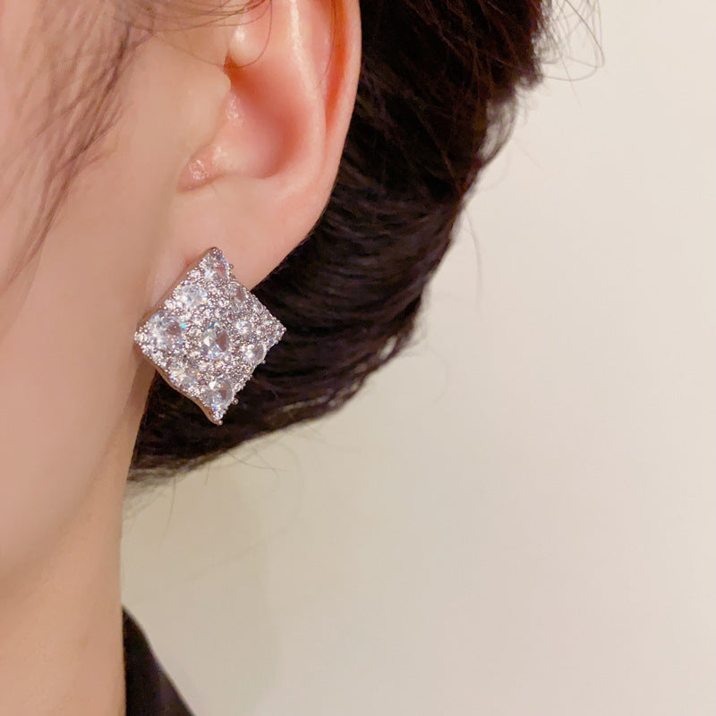 14K Gold Full Zircon Rhombus Stud Earrings- Chic Elegance Design