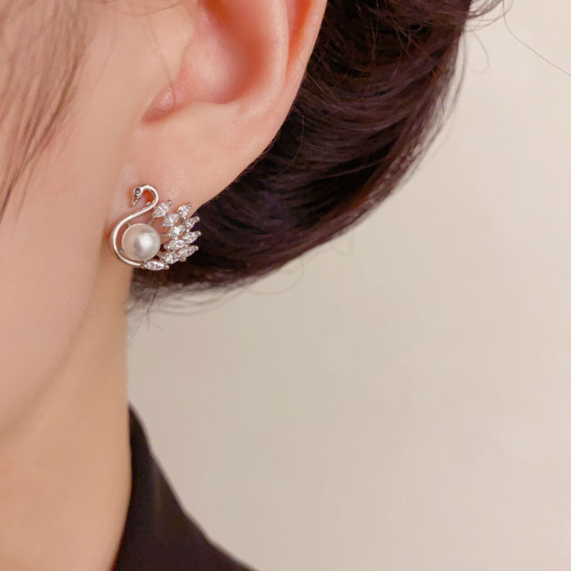 Luxury Zircon Pearl Swan Stud Earrings – Animal Design