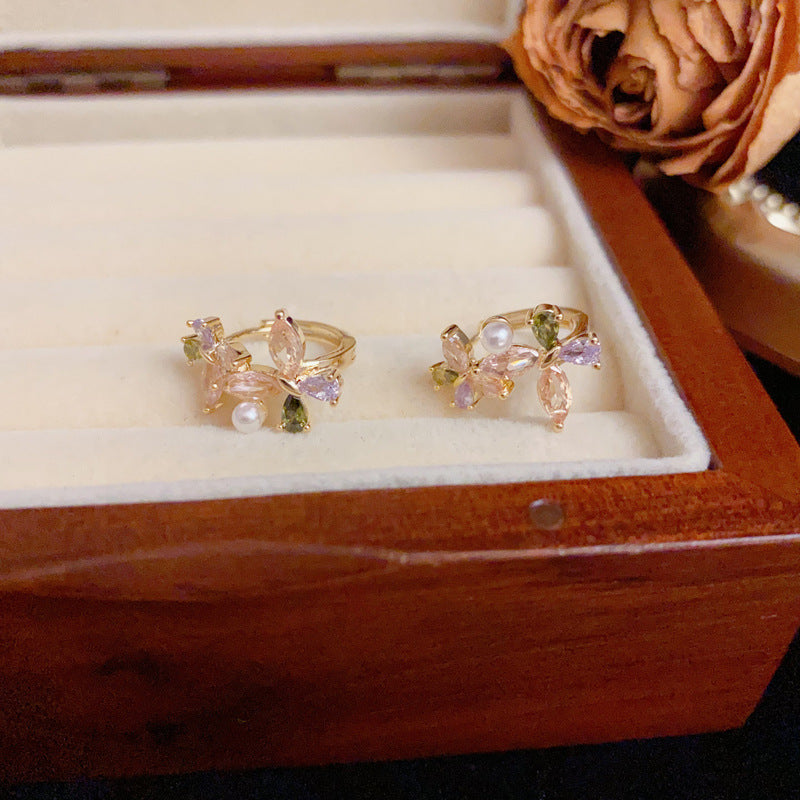 14K Gold Colorful Zircon Butterfly & Pearl Earrings – Elegant Design