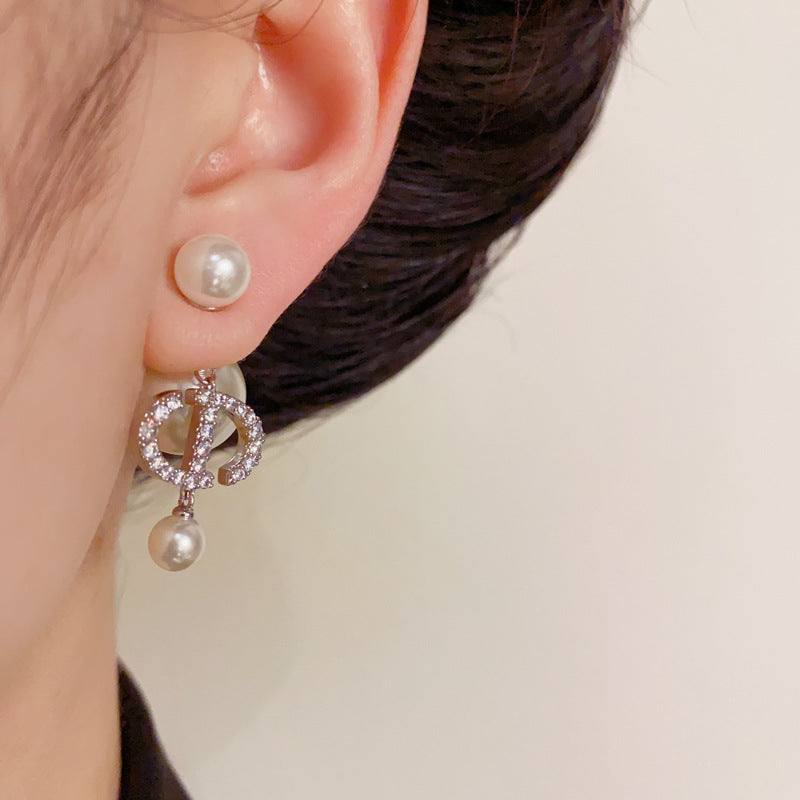 14K Gold CD Letter Front-Back Pearl Earrings – Modern Chic Design