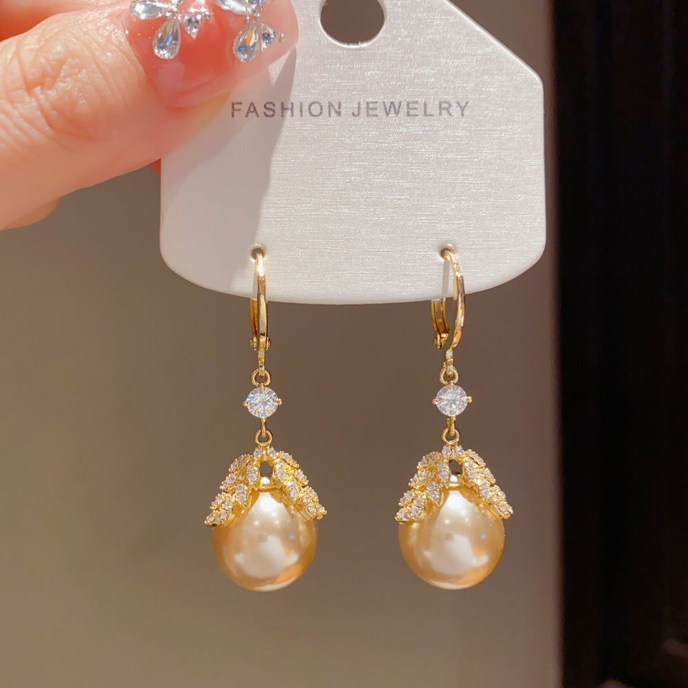 Eaioncol Leaf Pearl CZ Tassel Drop Earrings Gold