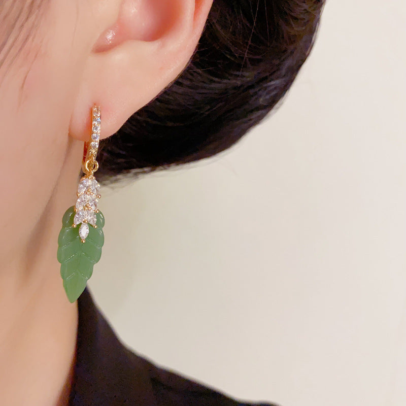 Luxury Zircon Green Leaf Tassel Drop Earrings – Floral Design