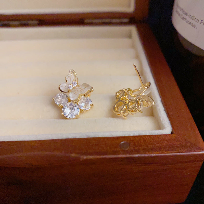 14K Gold-Plated Diamond Butterfly Stud Earrings – Elegant Design