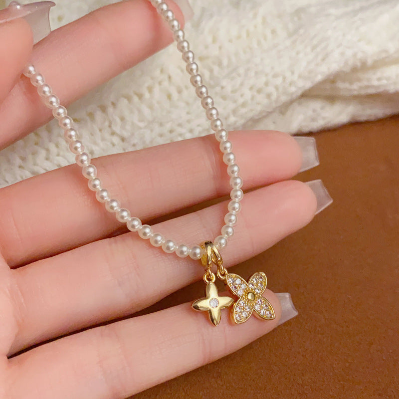 14K Gold Zircon Four-Leaf Flower Pearl Pendant Necklace–Elegant Design
