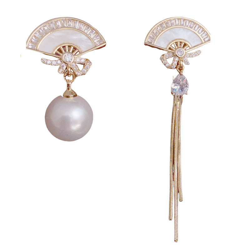 14K Gold-Plated Asymmetric Fan Pearl Tassel Earrings – French Design
