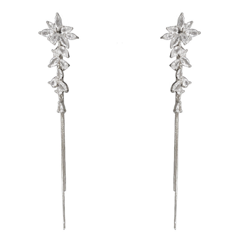 14K Gold Luxury Full-Zircon Leaf Tassel Drop Earrings – Elegant Design