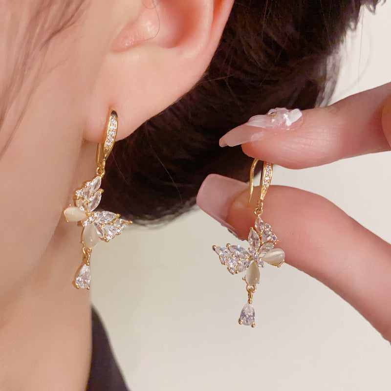 14K Gold Zircon Butterfly & Waterdrop Drop Earrings – Elegant Design