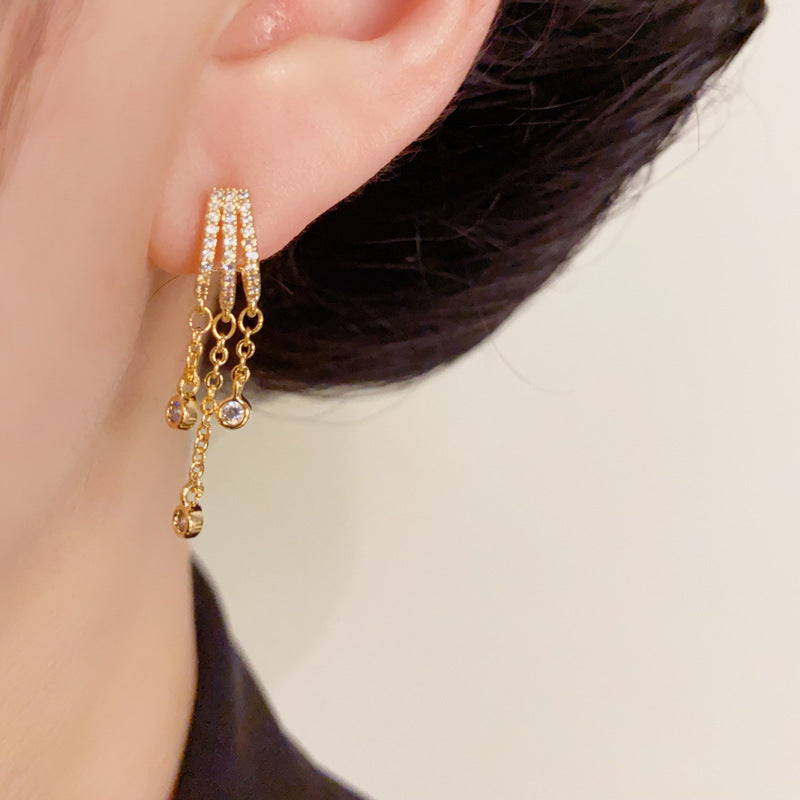 Luxury Zircon Triple Tassel Drop Earrings – Elegant Design