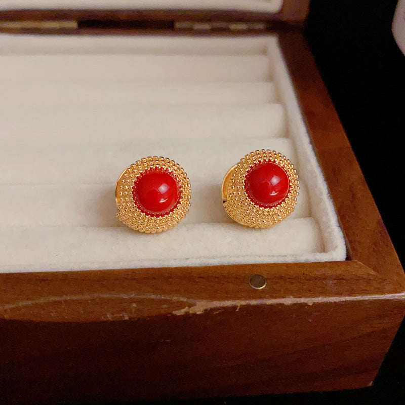 Elegant Metal Red Pearl Ear Cuff Earrings – Geometric Design