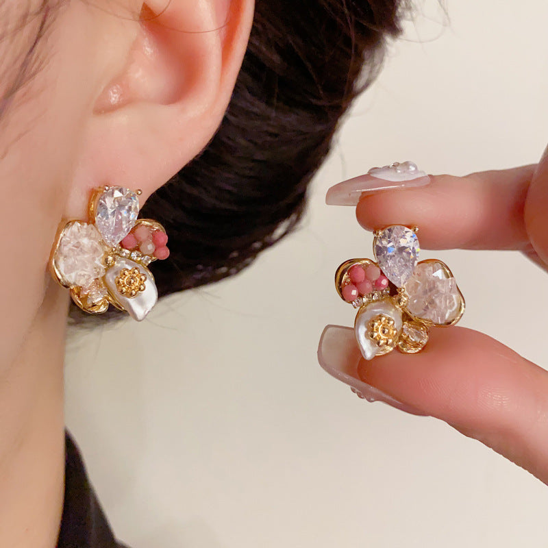 14K Gold Zircon Pearl 5 Petal Flower Stud Earrings-Chic Elegant Design