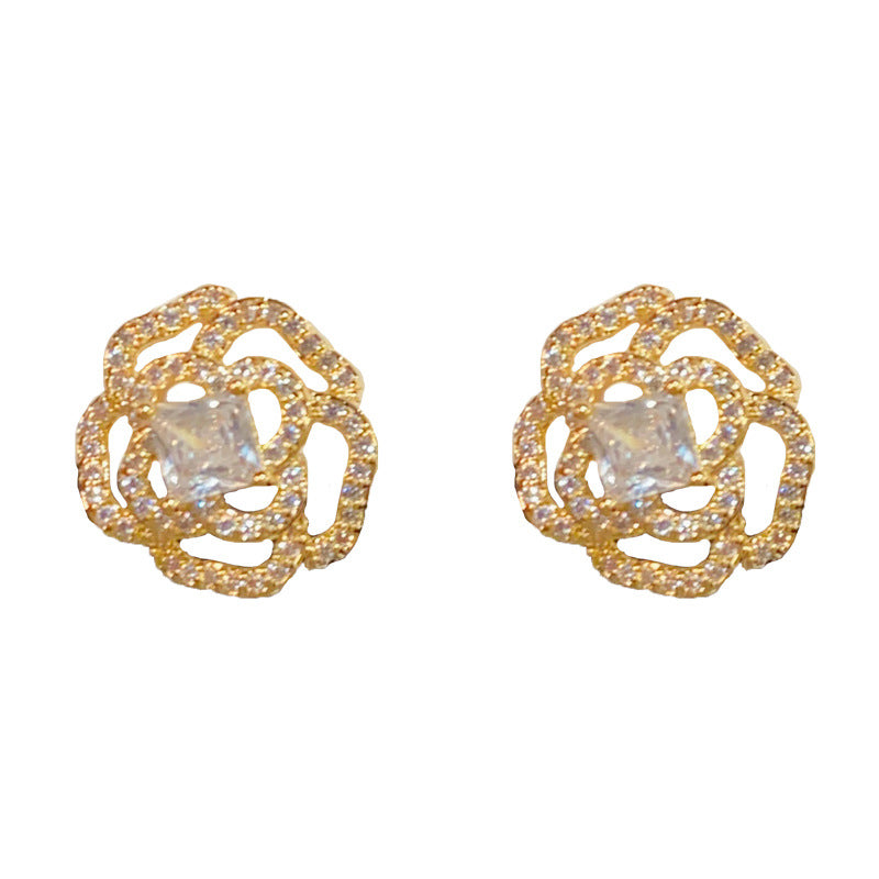 14K Gold-Plated Zircon Hollow Camellia Stud Earrings – Elegant Design