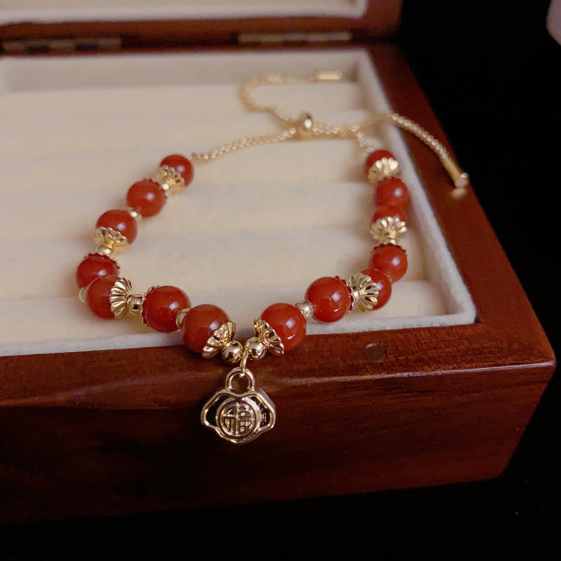 14K Gold-Plated Red Beaded 福 Bracelet - Festive Minimalist Design