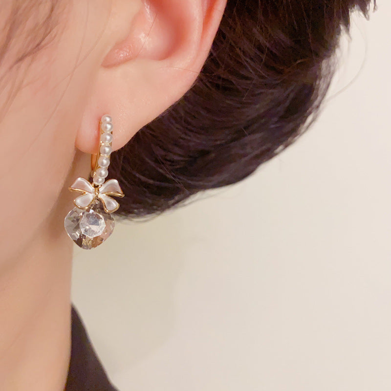 Luxury Bow Square Zircon & Pearl Drop Gold Earrings – Silver Needle