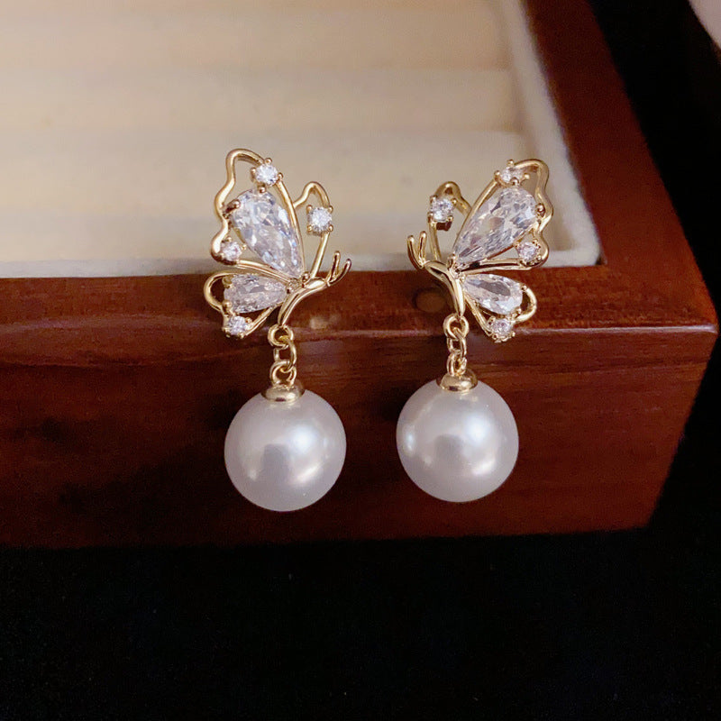 14K Gold Zircon Butterfly Pearl Drop Earrings - Chic Elegance Design