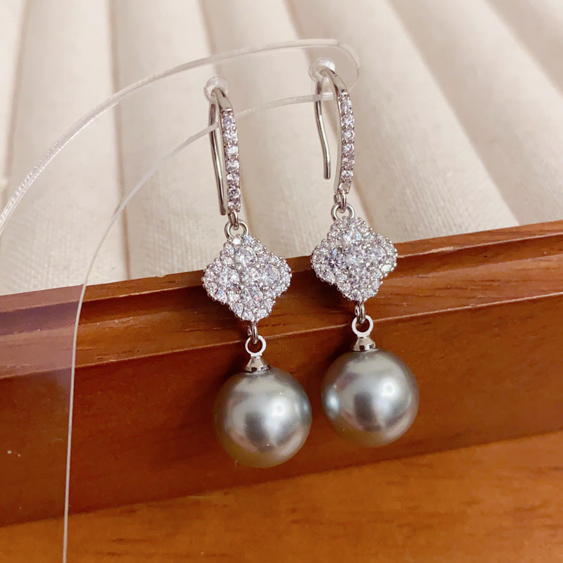 Elegant Zircon Four-Leaf Flower Gray Pearl Ear Hooks – French Design