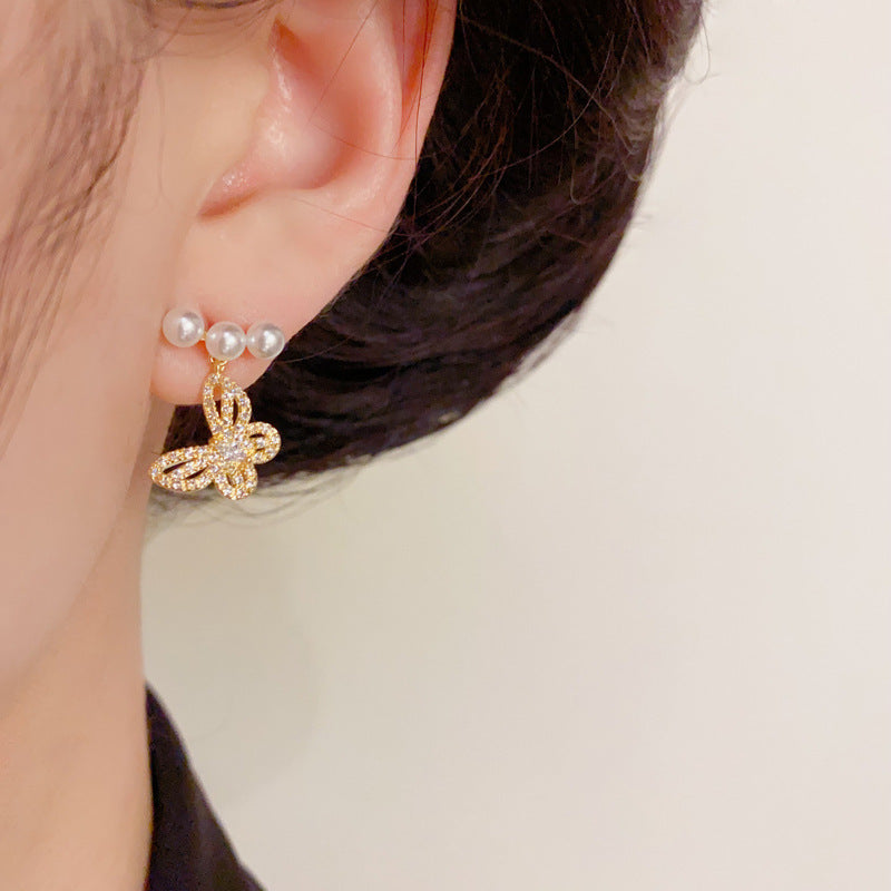Silver Posts Elegant Pearl Butterfly Drop Earrings – Elegant Design
