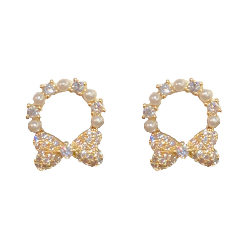 14K Gold-Plated Zircon Pearl Bow Hoop Earrings – Elegant Chic Design