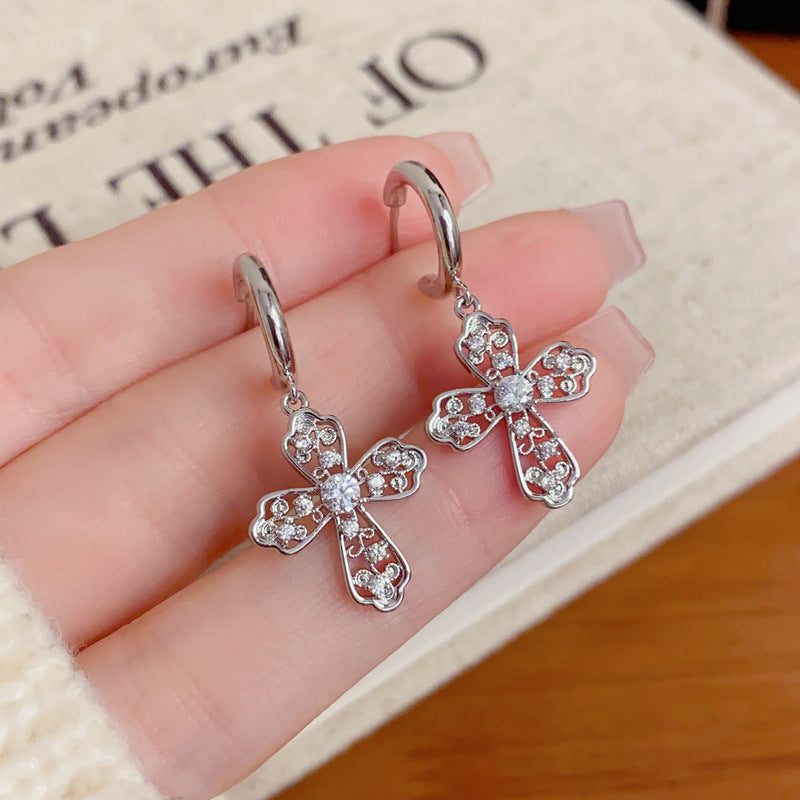 Luxury Zircon Hollow Cross Drop Earrings – Elegant Design