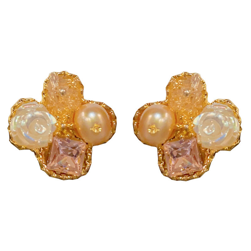 14K Gold-Plated Crystal Four-Leaf Flower Stud Earrings – Sweet & Minimalist