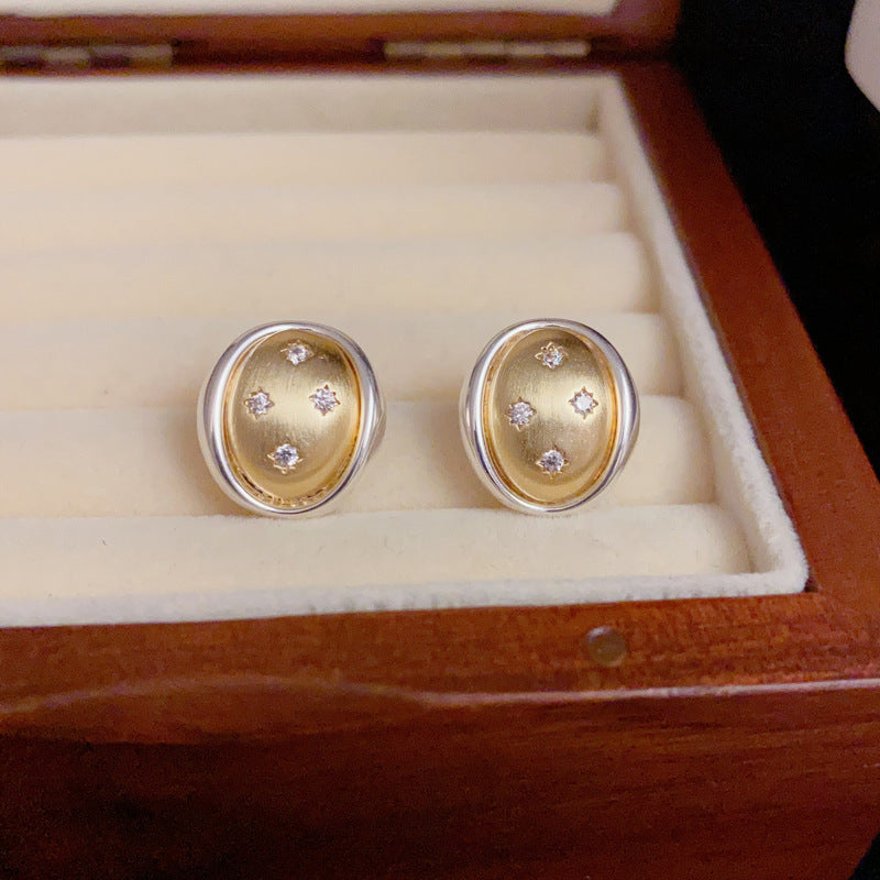 14K Gold-Plated Color-Block Star Oval Stud Earrings -Retro Chic Design