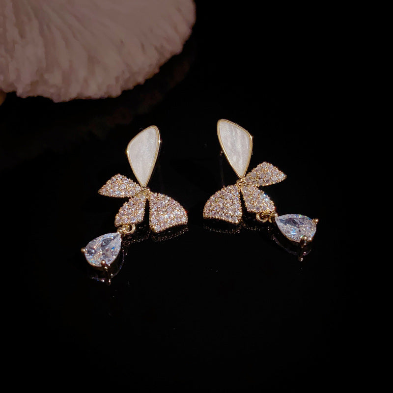 Luxury Zircon Butterfly & Droplet Drop Gold Earrings – Elegant Design
