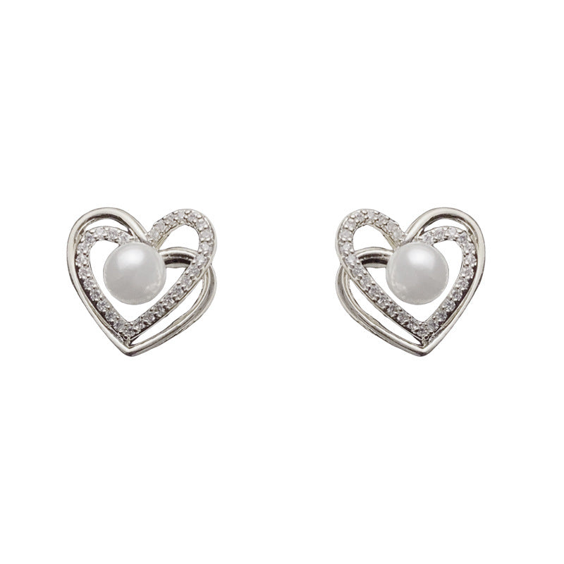 Luxury Zircon Double-Layer Heart Pearl Stud Earrings – Elegant Design