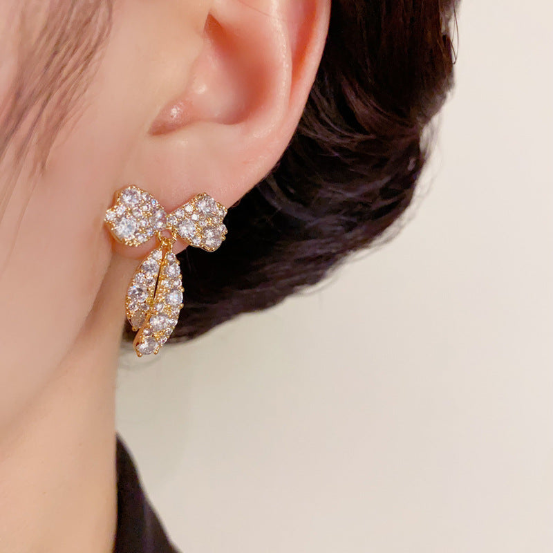 14K Gold-Plated Full Zircon Bow Drop Earrings –Delicate Sparkle Design