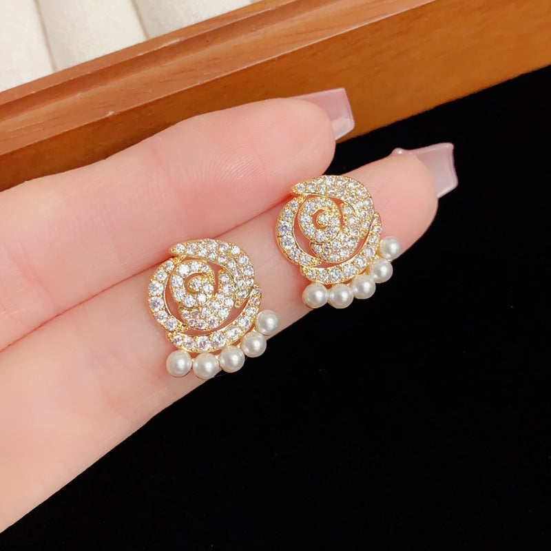 Elegant Zircon Camellia Pearl Stud Earrings – Floral Design