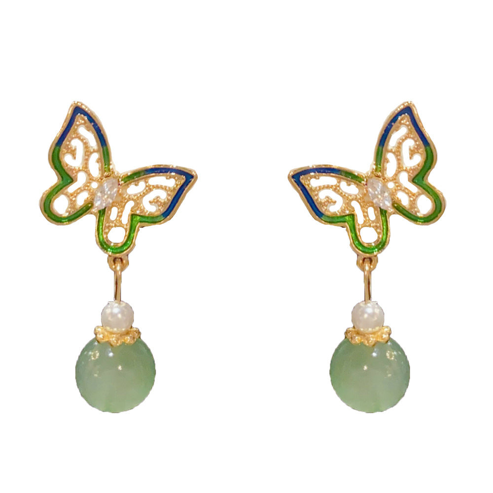 Eaioncol Enamel Butterfly Bead Tassel Drop Earrings Gold