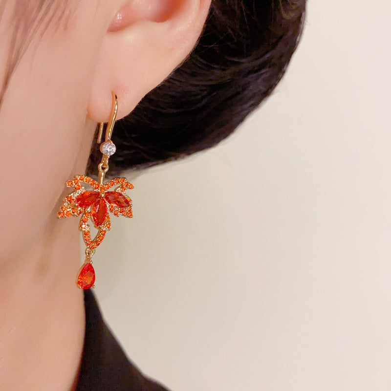 Luxury Maple Leaf Teardrop Tassel Ear Hook Earrings – Elegant Design