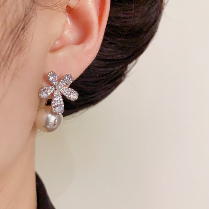 14K Gold-Plated Full Zircon Flower Pearl Earrings – Dual-Wear Design