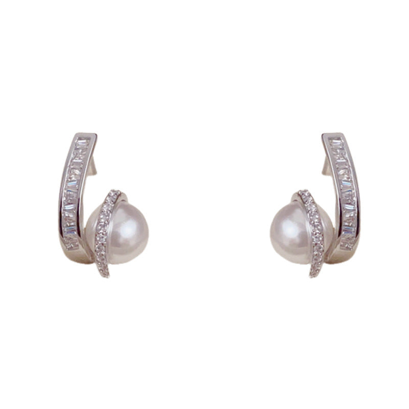 Elegant Zircon Geometric Pearl Stud Earrings – Geometric Design