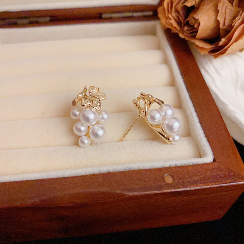 Elegant Pearl Grape Stud Gold Earrings – Fruit-Inspired Design
