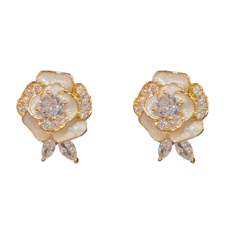 14K Gold-Plated Zircon Camellia Ear Cuffs – Elegant Floral Design
