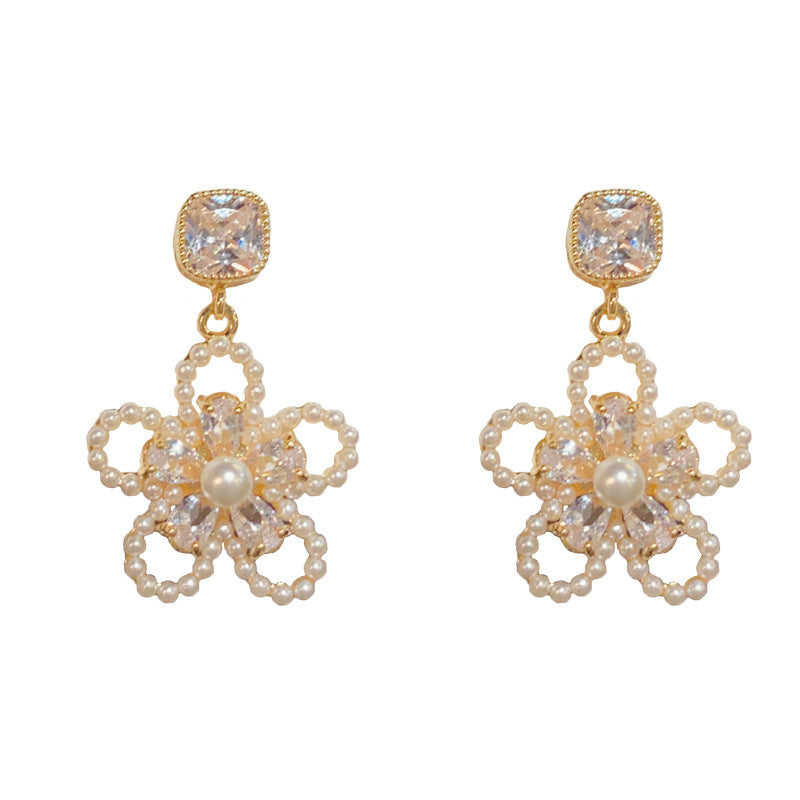 14K Gold Zircon Pearl Open Flower Drop Earrings - Chic Elegance Design