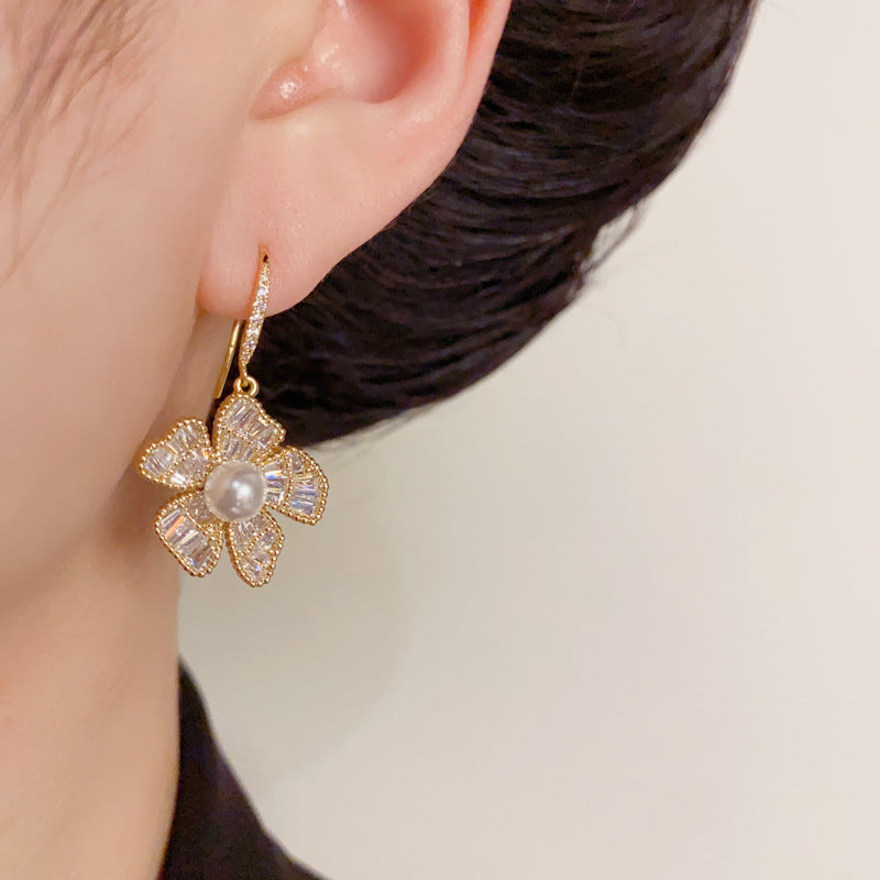 14K Gold Zircon Flower Pearl Hook Earrings – Elegant French Style