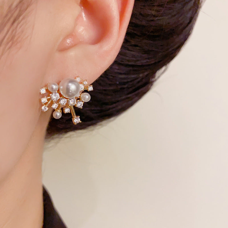 14K Gold-Plated Zircon Firework Pearl Stud Earrings – Elegant Design