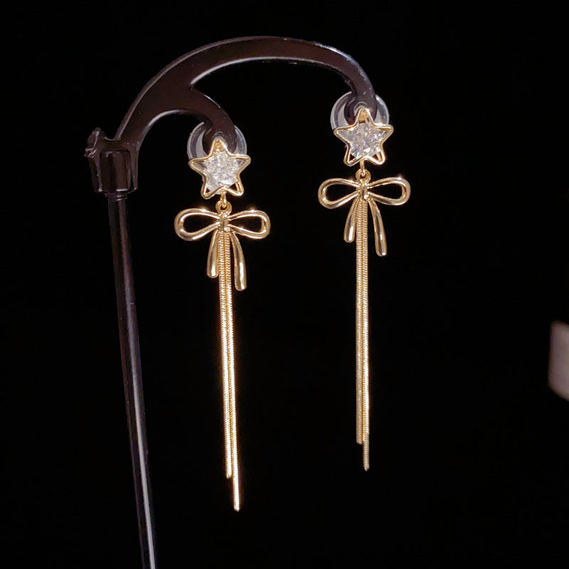 14K Gold-Plated Star Bow Long Tassel Earrings - Chic Elegance Design